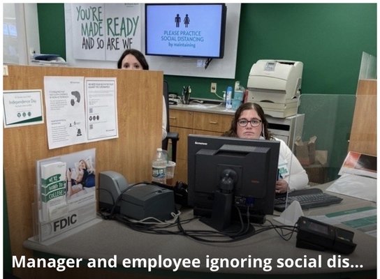 Branch manager and employee ignoring social distancing, Potentially adding harmful germs to your money.