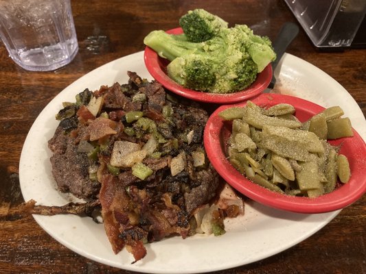 Chop Steak with green beans and broccoli.