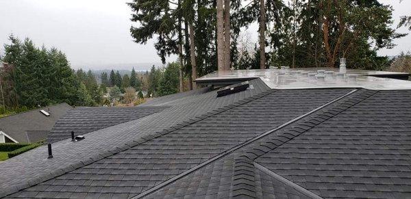 Combination of asphalt shingles and pvc waterproofing.