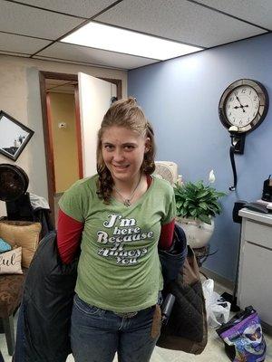 Michelle just had her hair set rollers so she could have curls to go to formal dinner.