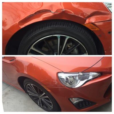 Before and after of accident repair done by AFJ