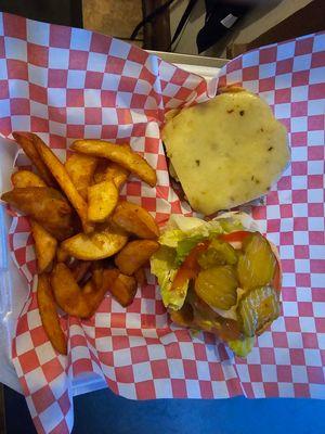 Loaded Cheeseburger and potato Wedges