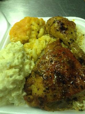 Baked Chicken, Yellow Rice, Potato Salad & Mac N Cheese