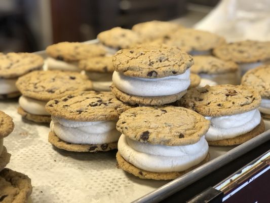 Vanilla Chocolate Chip Cookiewiches made from scratch in house. Always vegan and gluten-free!