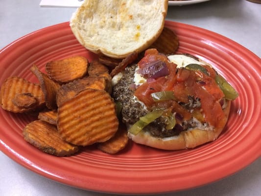 This is the buffalo hamburger with sweet potato fries. Not bad.