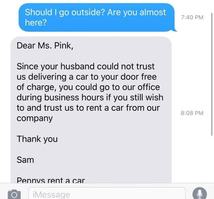 Proof the company lied for their reason not to rent to me! They texted me later that night for me to rent from them, Liars!!