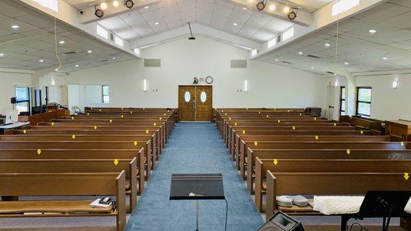 Main Sanctuary (upstairs) with marked spaces to maintain distance Sunday Service (Korean): 7am/8:30am/10am Sunday Service (English): 11:30am