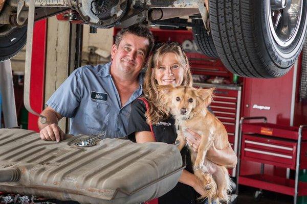 Owners Mike (an ASE certified Master Technician) and Leane (ASE certified Service Writer) and their dog Stanley.