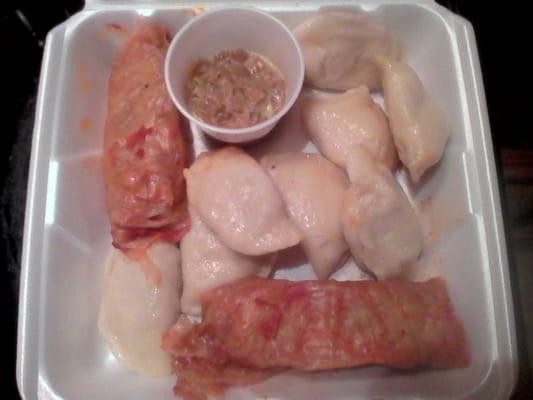 We had them condense two combos in one take out container. I almost forgot, the buttery sauteed onions for the pierogi.