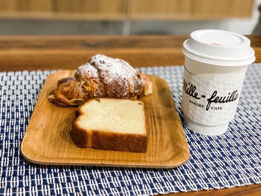 Lemon loaf cake  , Almond Croissant, Hot Chocolate