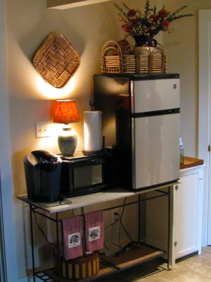 Mini fridge,microwave and Keurig coffee maker.(Bring your favorite brew)