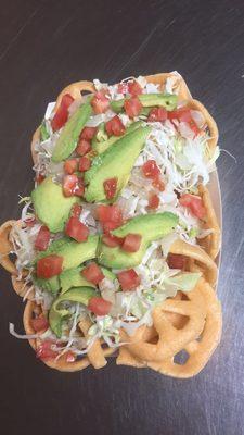 Various Crazy Combinations available. Choose chips: Chicharrines, Doritos, Home Style Chips, Hot Cheetos, Tostitos.  Toppings of your choice