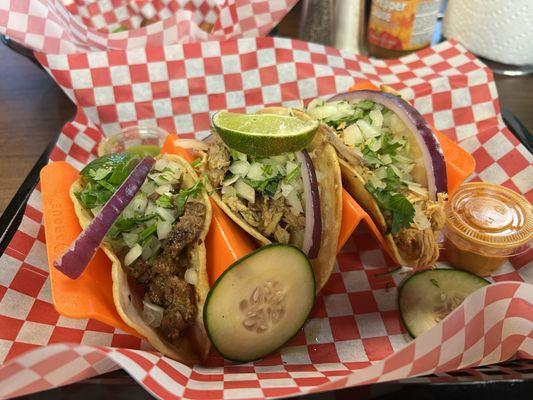 Chicken, Steak and Pork tacos.