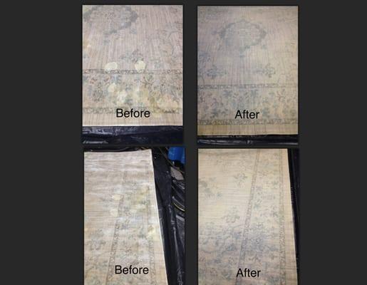 Before and after photos of pet urine in rug.