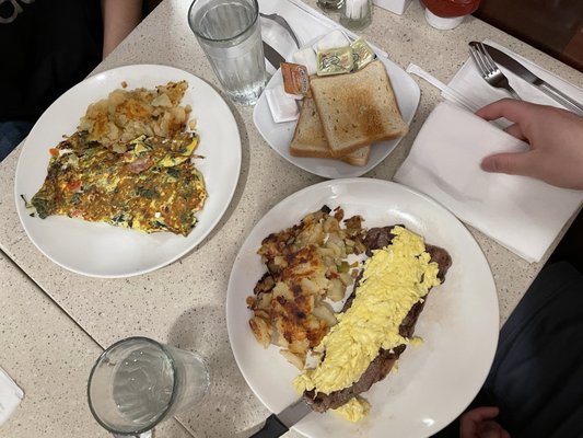 Vegetarian Greek Omelette ($25) and 3 Guys Steak & Eggs ($39)