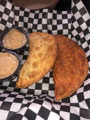 Breakfast Meat Pie on the left & vegetarian on the right with the accompanying/AMAZING remoulade sauce