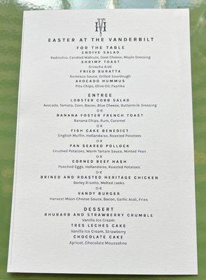 Easter Brunch menu