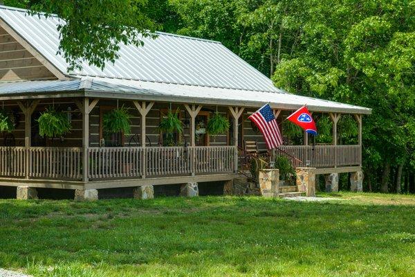 Custom designed, manufactured and built square log cabin by Honest Abe Log Homes near Minor Hill, TN.