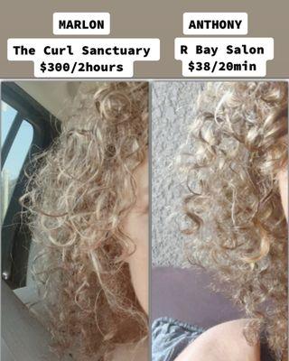 Side view of my haircut from Curl Sanctuary (left) and the cut I got to fix it after (right). 
 CHOOSE WISELY!