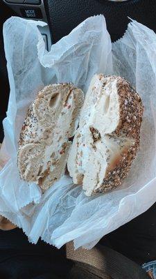 Everything bagel with olive spread