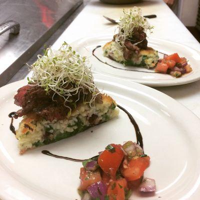 risotto cake with filet mignon tomato relish balsamic reduction