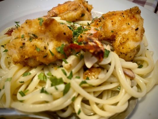 Shrimp oreganata and linguini