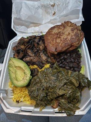 Southern Plate- Peppered steak (mushrooms), rice, collard greens, black beans on a bed of lettuce and corn bread