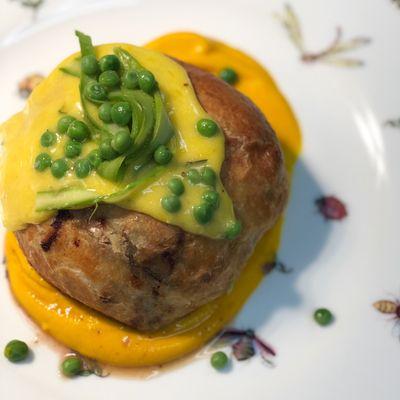 Beef Wellington over Carrot Nage, Served with Aspagus Ribbons and Spring Peas