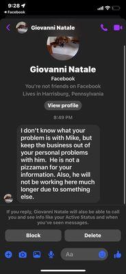 This is the owner or management threatening over a fb post about a drugie delivery driver they had making fun of the costumer with cancer.