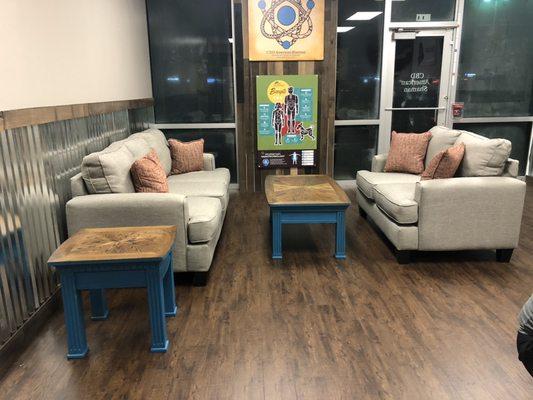 Our luxurious lounging area where customers can sit and relax after their free CBD samples.