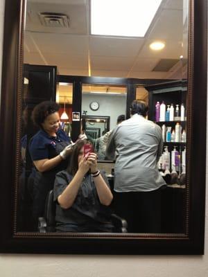 Sondra doing my hair. I love this place. Diane does great waxing too!