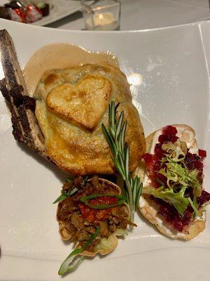 "The Trio of Earthly delights" (A chop inside a puff pastry. Duck tart. And bruschetta with beets.)