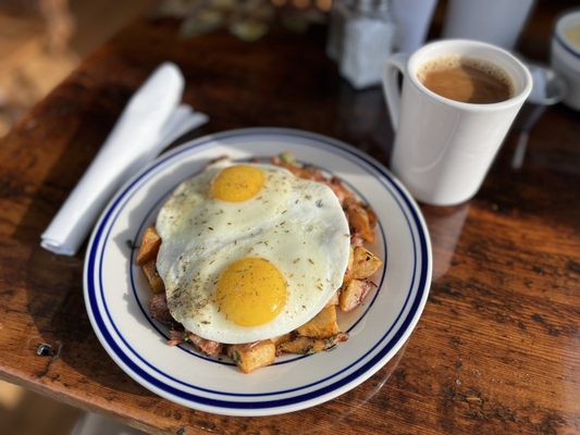 Andouille sausage, hash, and eggs