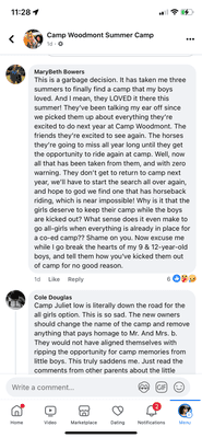 A public comment made by a camp parent on the camp's Facebook page.