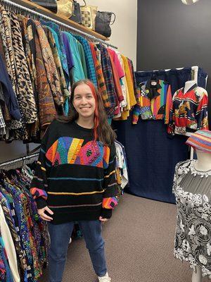 Happy Customer wearing her colorful 80's sweater !! Elephant Trunk Vintage