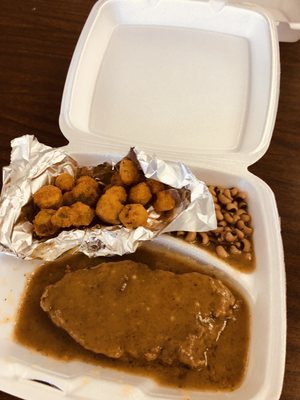 Meatloaf, okra, black-eyed peas