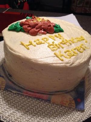 Special order birthday cake. Carrot cake with pineapple whipped filling and buttercream frosting.