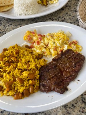 54 - steak was tasty flavor wise but a little tough. The eggs and rice were decent