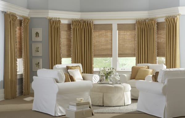 Natural Woven Wood Shades with Custom Drapes.