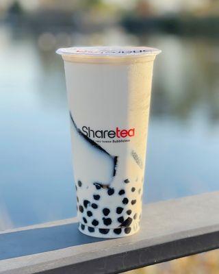 Green Milk Tea with boba and grass jelly