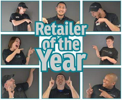 Having a little fun with our Retailer of the Year win! Photo from our write up in Mobile Electronics Magazine.