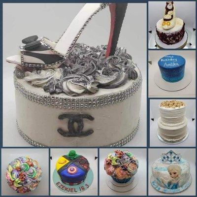 Birthday shoe cakes, tiered carrot cake, birthday cakes.