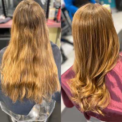 Before and after on my long time client Emily, Balayage with natural tones and some babylights