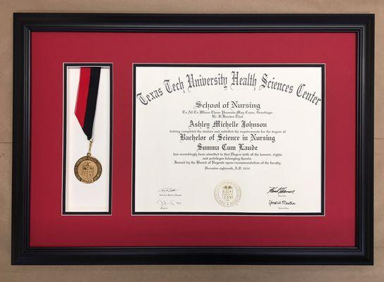 Diploma and document framing services, including tassels and honors medallions.