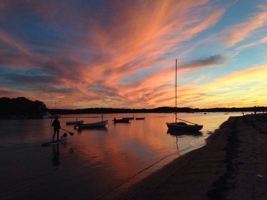 Sept. Sunsets are the best. No pic filter. The sky reflected in the water like a magic mirror. Private beach opposite the Onset beach.