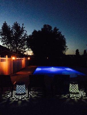 Our new pool lights up beautiful at night!