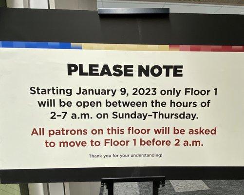 Sign about new hours