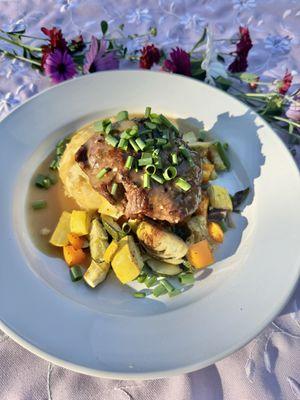 Filet Mignon w/mashed potato and fresh summer vegetable