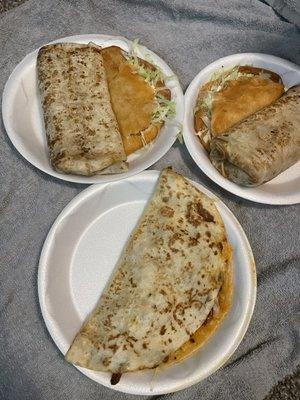 Asada burrito, chicken burrito, chicken empanadas, pastor quesadilla