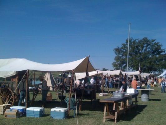 The wagons lined up along the river!